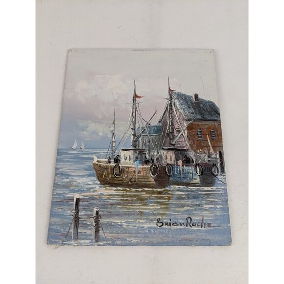 Vintage Signed Brian Roche Original Seascape Oil Painting Fishing Boats On Board